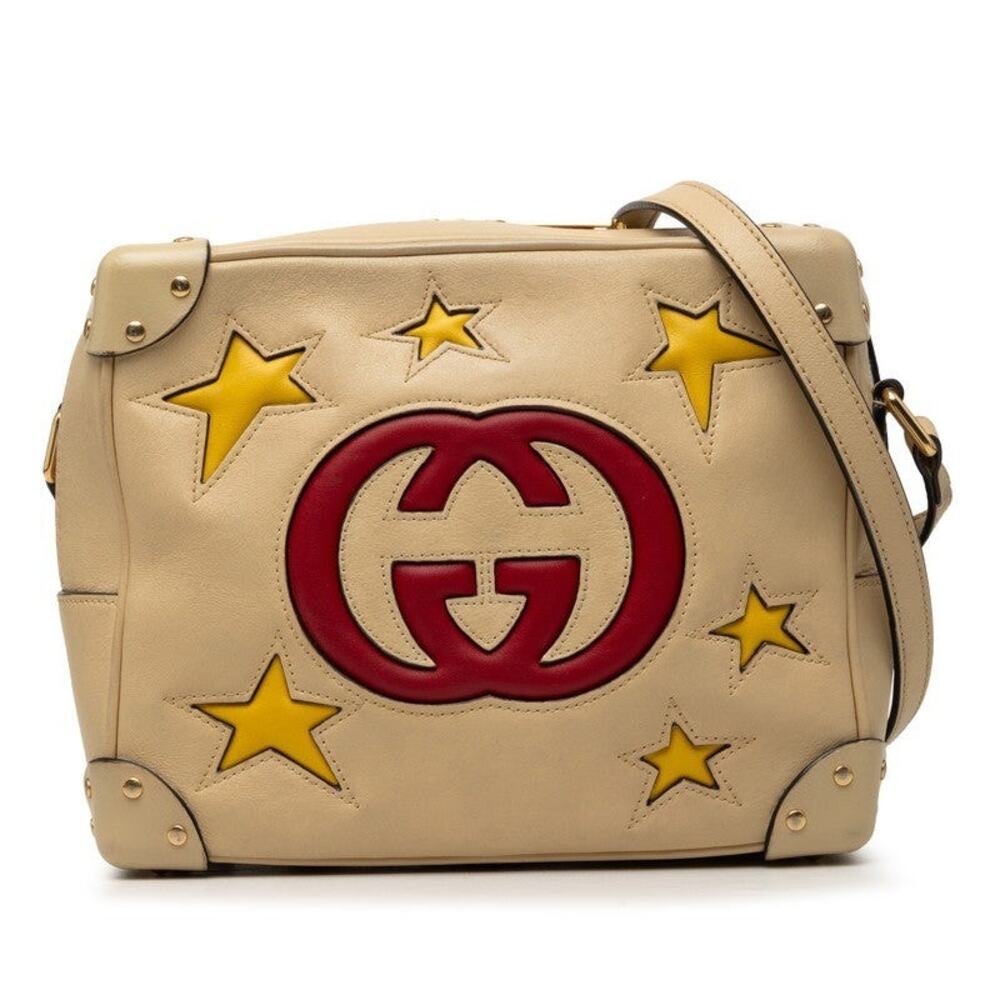 Gucci GG Logo Shoulder Bag Beige Leather